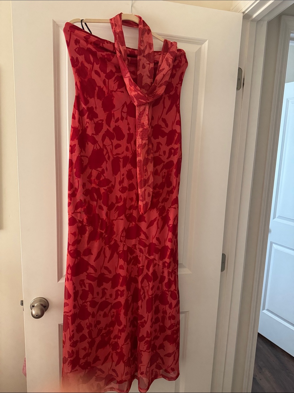 SHEIN Red Floral Halter Maxi Dress with Neck Tie